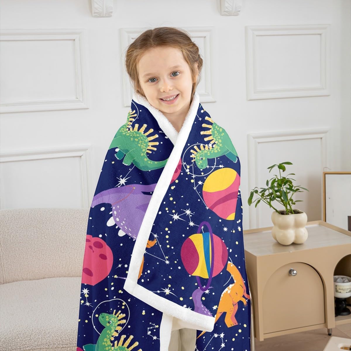 Castle Fairy Kids Cute Dino Plush Blanket,Cartoon Rocket Planets Stars Galaxy Bed Blanket Home Decor Gift,Colorful Dinosaur Animals Modern Style Fuzzy Blanket Office Chair, X Size (40 x 50 Inch)