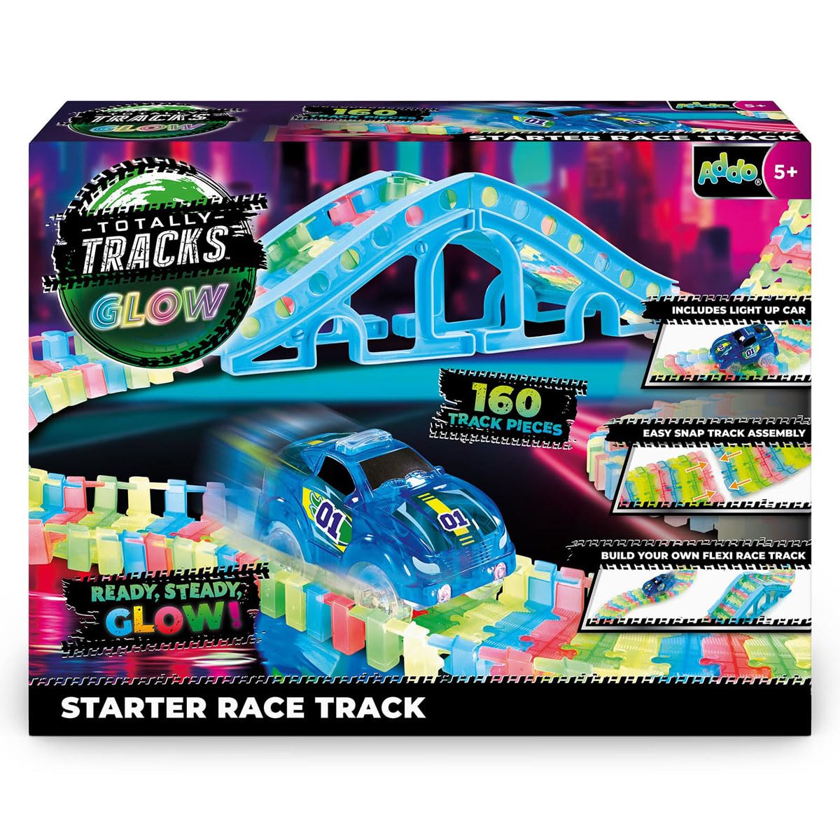 Addo Totally Tracks Glow Starter Race Track 160-pieces Battery Operated, Toy Vehicles, Playings Track Set, Toys for Kids