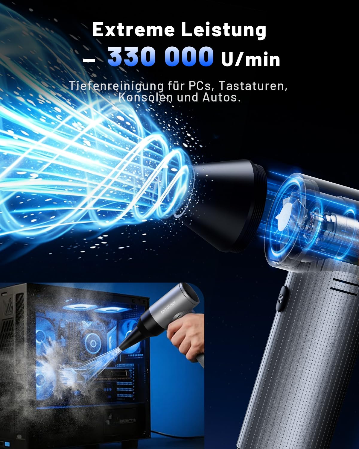 Elektrische Staubgebläse 330,000 U/min Druckluftspray mit 3-Stufige Einstellung, 7500mAh Akku & PC Cleaning Druckluft Kit, Compressed Air Duster für Desktop, PC, Tastatur, Laptop, Car