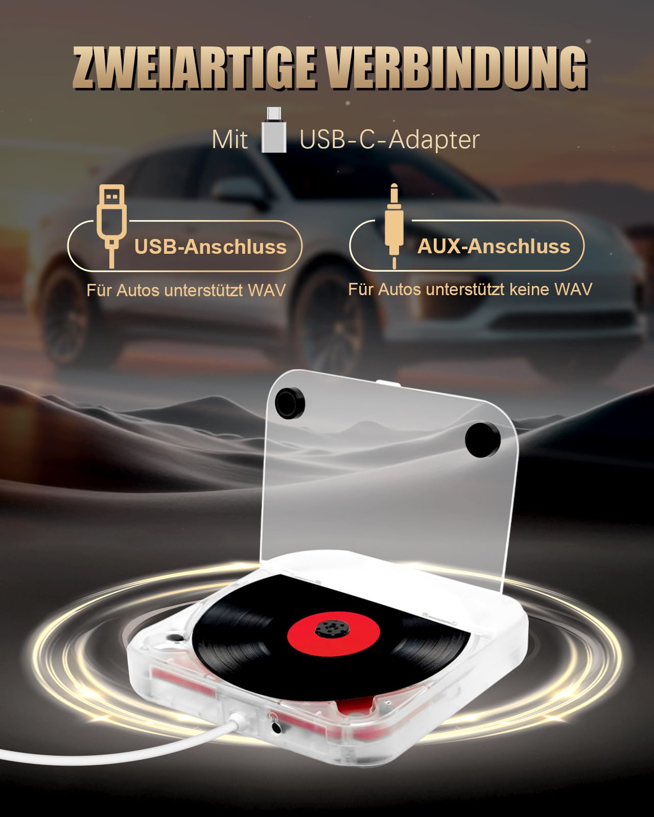 Auto CD Player mit USB-Anschluss, Universal Extern CD Player für Auto PKW LKW, Extra 1M USB-Verlängerungskabel, Externes CD Laufwerk für Laptop, PC, Fernseher, kompatibel mit Android Autoradio