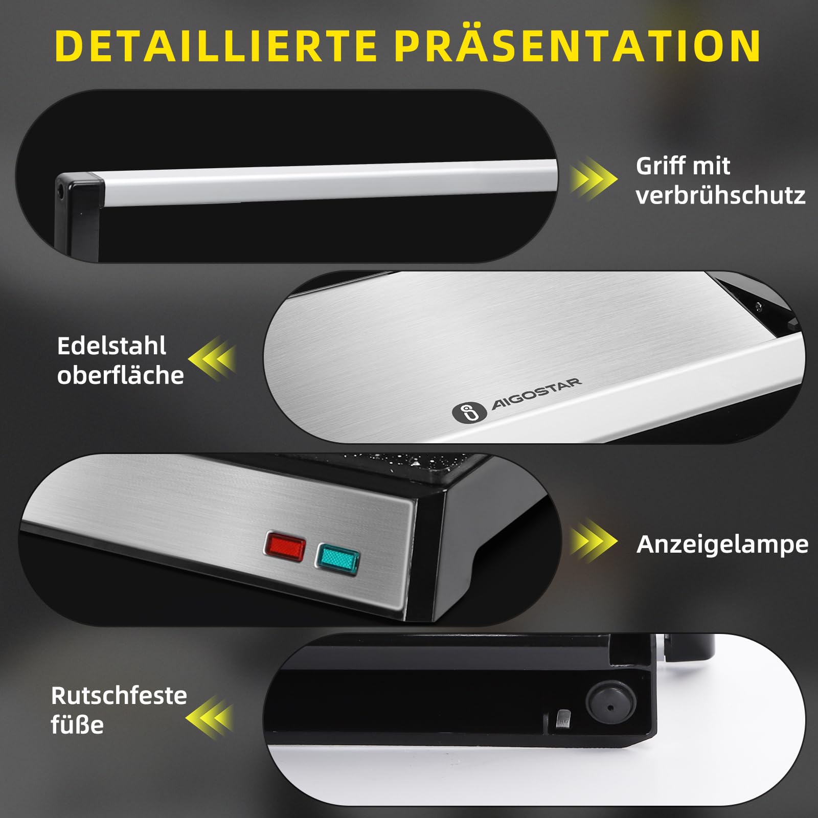 Aigostar Hett Pro Kontaktgrill 1500W Panini Grill Sandwichmaker Antihaftbeschichtung 180º Öffnung