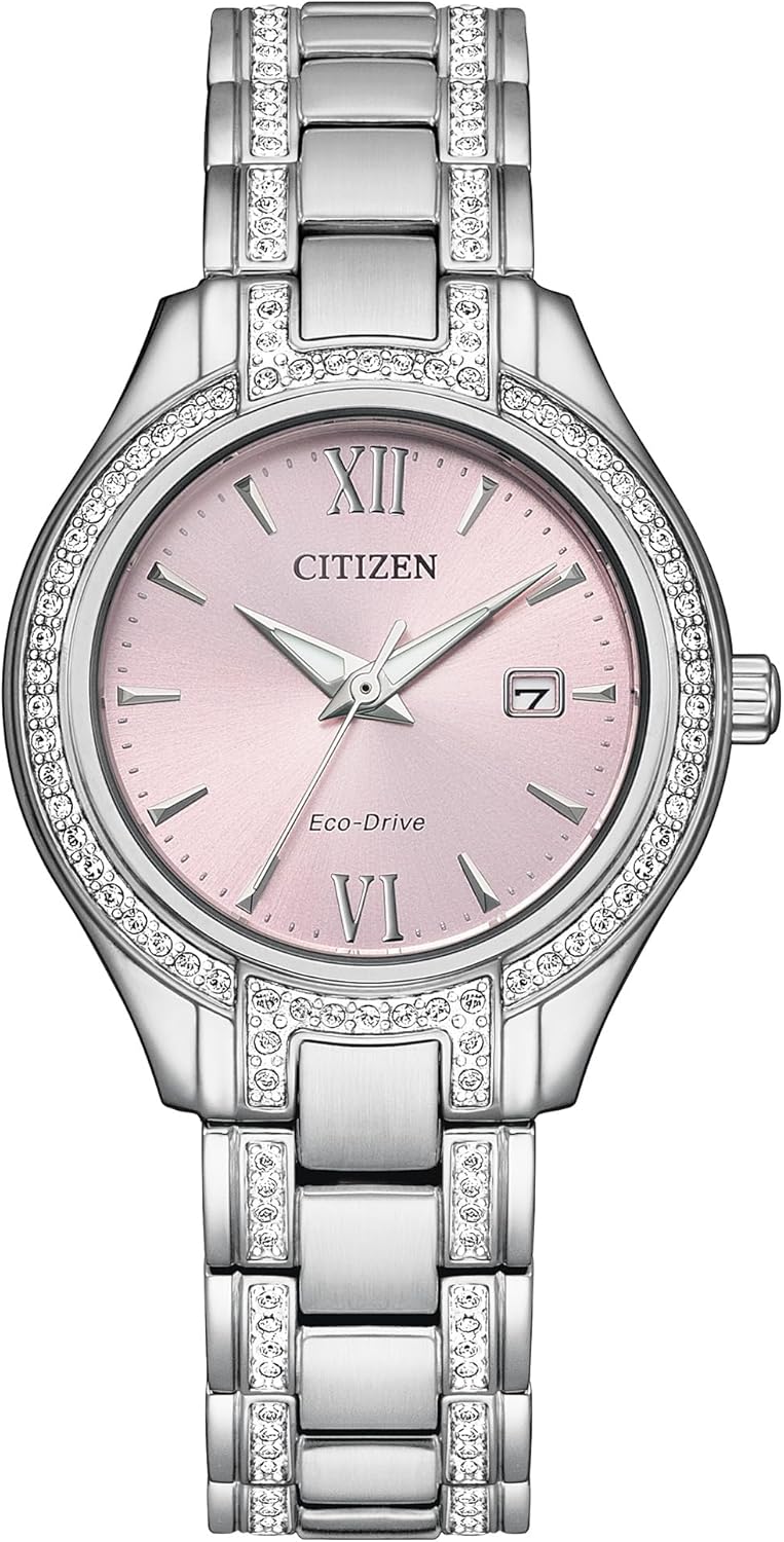 Citizen Ladies Eco-Drive Crystal Eco Watch, Silver-Tone Stainless Steel Bracelet, Pink Dial, 3 Hand, Date (Model: FE1230-51X)