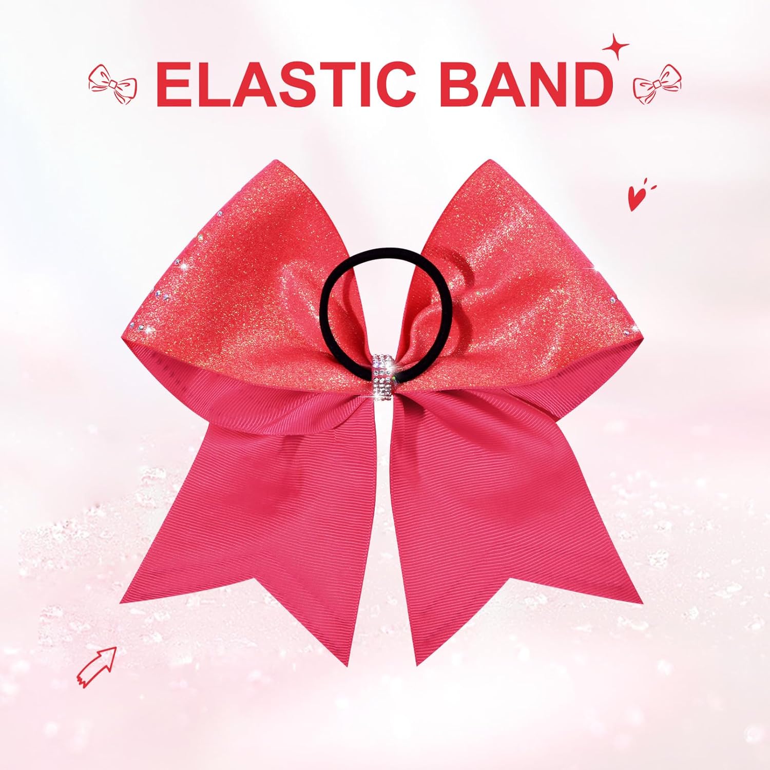 DEEKA 8PCS Pink Glitter Stripes Cheer Bows with Iridescent Rhinestones Large 8" Competition Cheer Hair Bows Elastic Band Ponytail Holder for Cheerleader Girls Softball Football Sports (Pink)