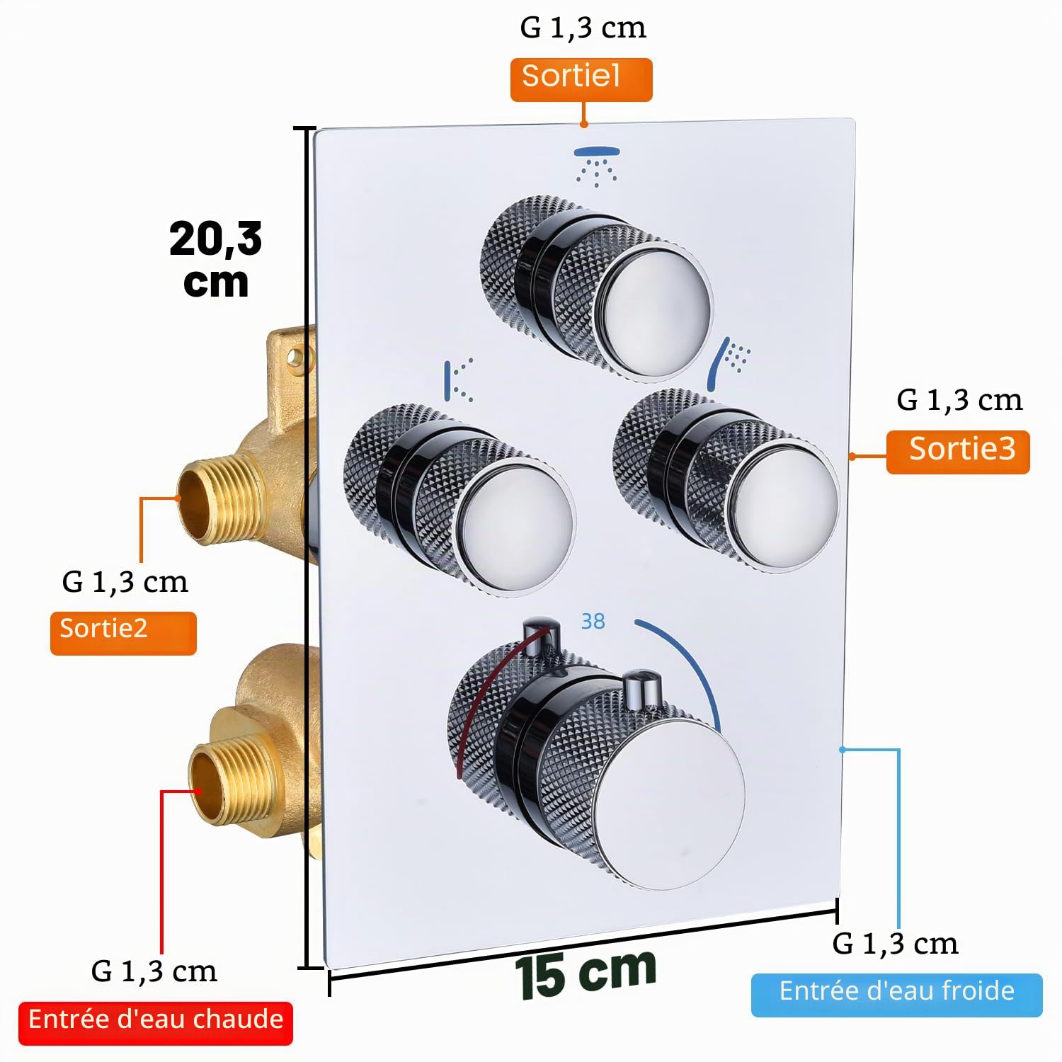Mitigeur de douche thermostatique 3 voies dissimulé – Vanne inverseur chromée à 3 sorties avec bouton poussoir, débit et température réglables, fonctionnement simultané