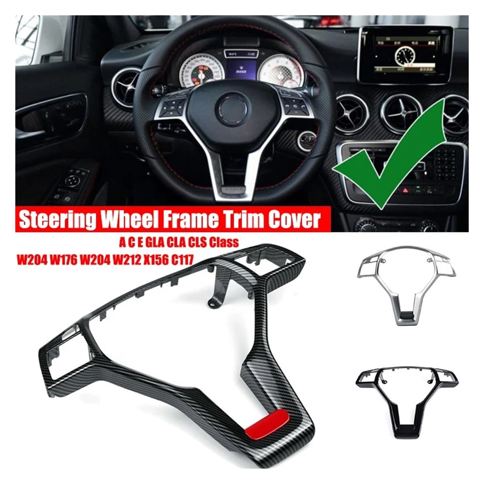 AMG Style Steering Wheel Trim Cover - Silver ABS Plastic, Fits 2012-2014 Mercedes C, E, CLA, CLS, SLK Class 12 thumbnail image