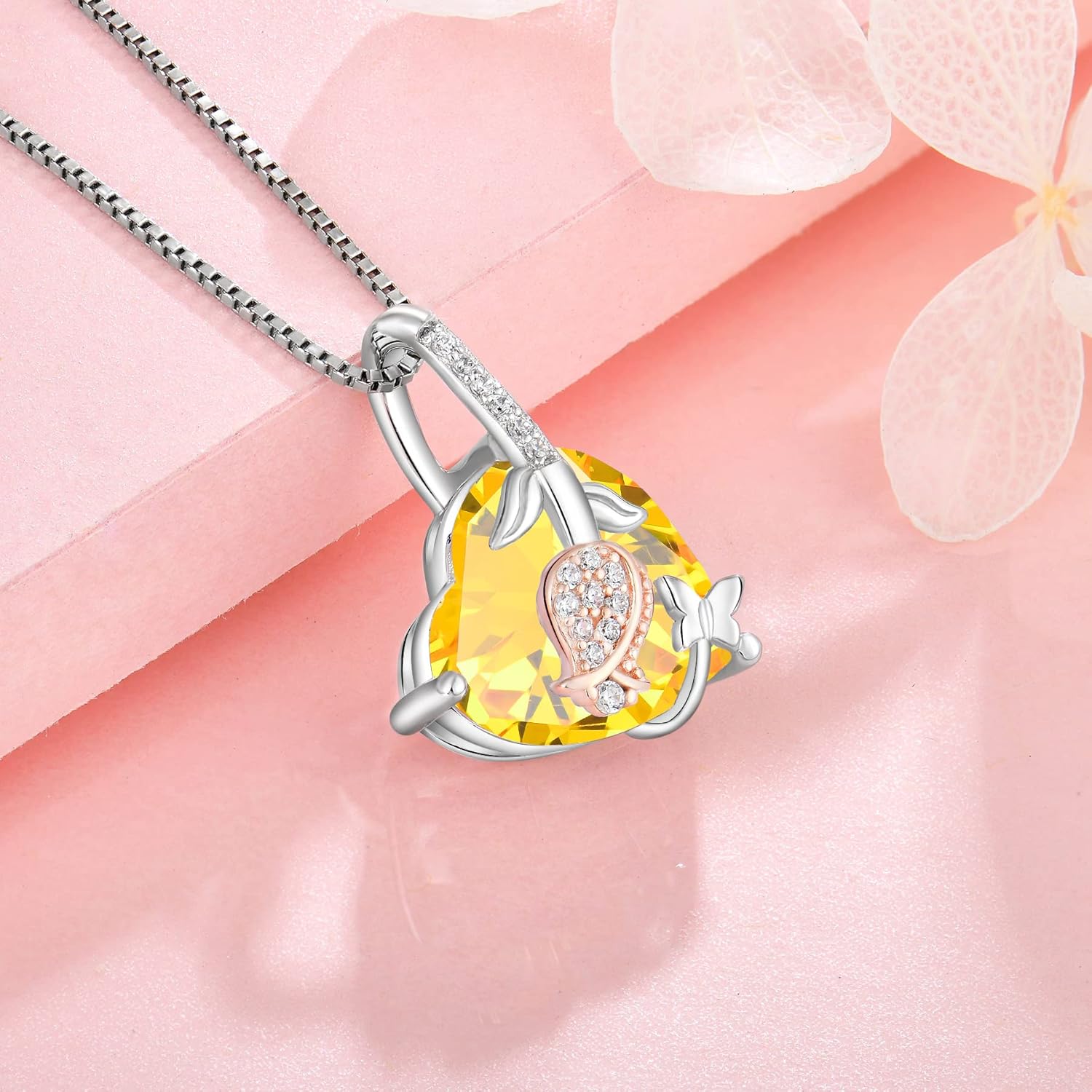 Women's Rose Flower Butterfly Heart Necklaces, 925 Sterling Silver 5A Cubic Zirconia Birthstone Pendant Jewelry Gifts, Anniversary Birthday Gifts for her - Image 2