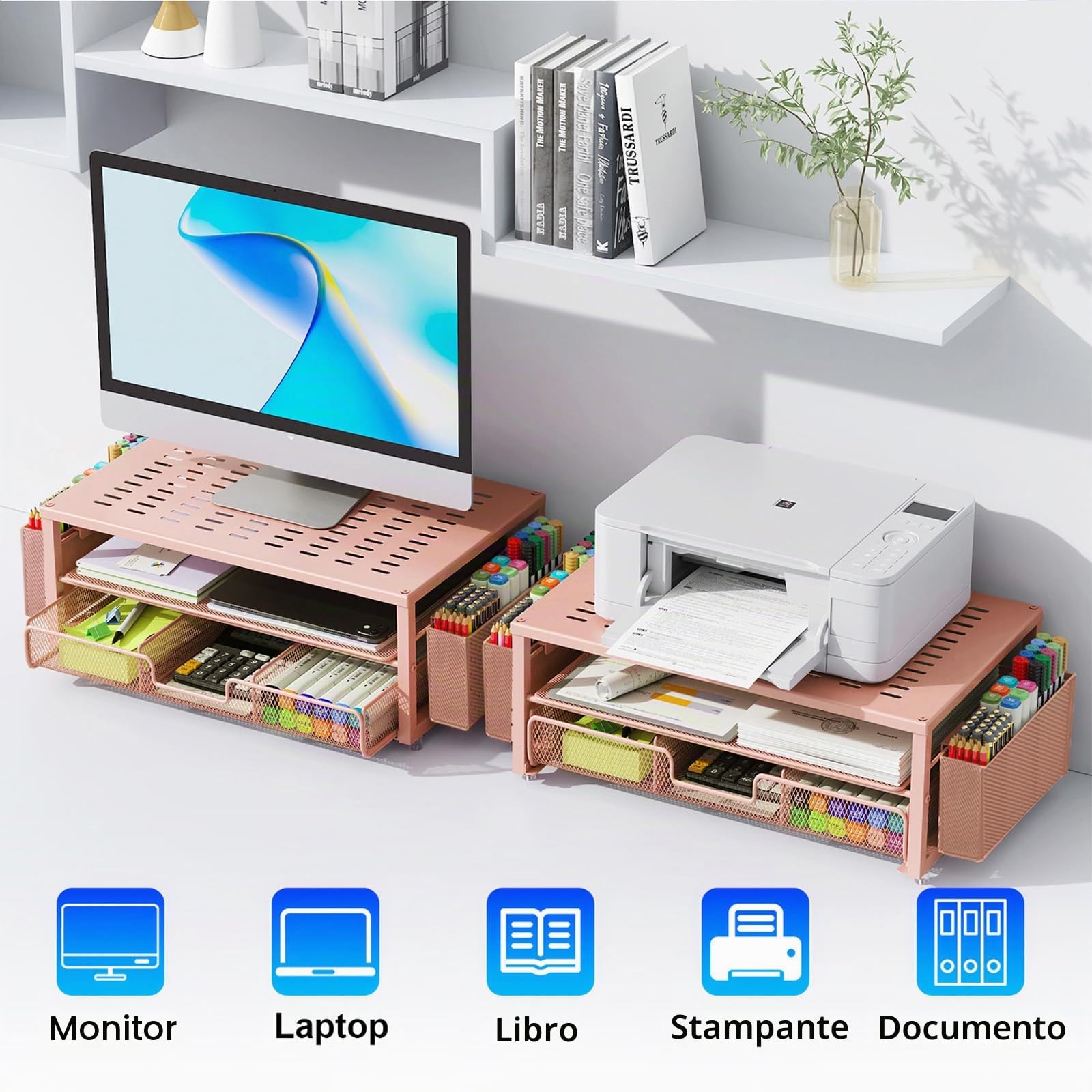 gianotter Supporto da scrivania per computer con cassetto e 2 portapenne, organizer da scrivania da donna, HomeOffice Essentials (oro rosa)