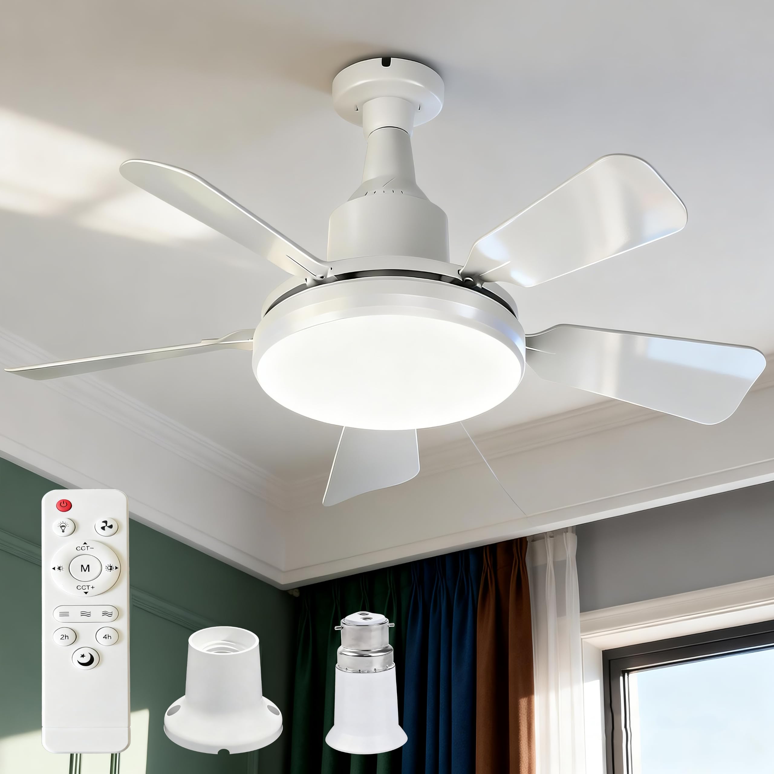 62CM Socket Ceiling Fan Light, E27/B22 Ceiling Fans with Lights and Remote, Extender & Mounting Base, 3000LM Light Bulb Fan 3 Speed 3 Colour Dimmable, Quiet LED Fan Light For Bedroom Kitchen Garage