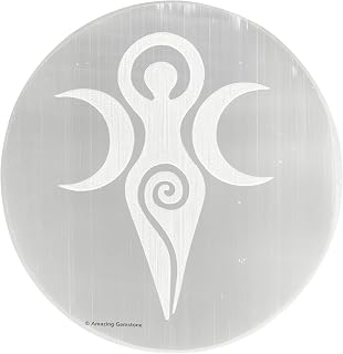 Amazing Gemstone Selenite Crystal Charging Plate for Crystals and Healing Stones, 4" Selenite Crystal Plate Engraved Goddess Moon Coaster for Home, Office Table Decor (Selenite Round Disc)