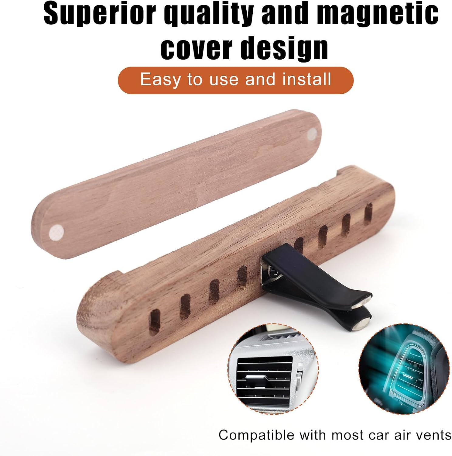 2pcs Wood Air Freshener Clips for Cars, Magnetic Car Air Vent Essential Oil Perfume Clip with 8 Unscented Absorbing Sticks Refillable Aroma Diffuser Base Holder for Auto Homes Offices Accessories
