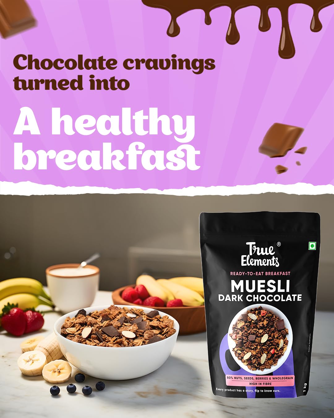 True Elements Dark Chocolate Muesli 1kg - Nuts & Muesli, Cereal for Breakfast, 100% Wholegrain