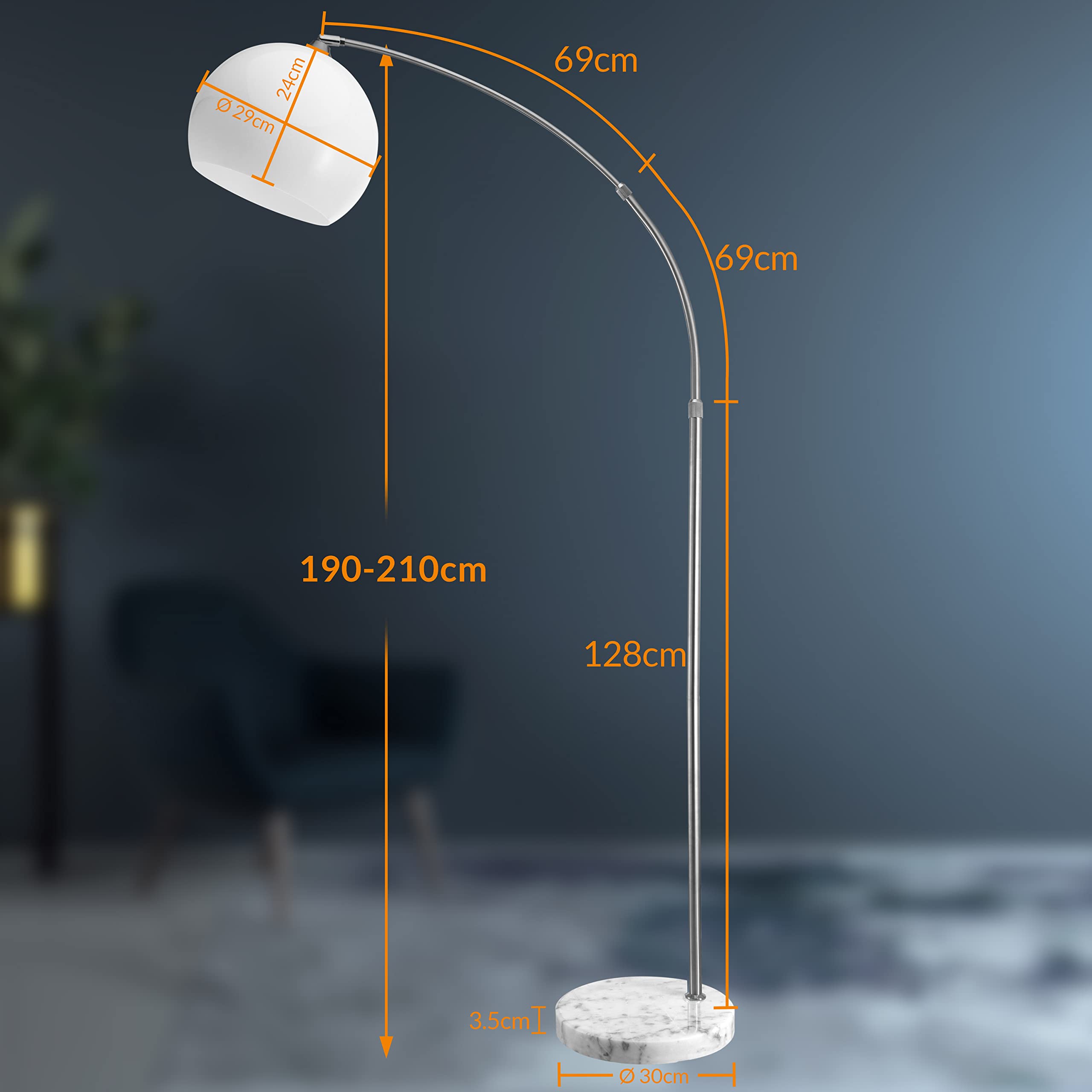 MONZANA® Bogenlampe Marmor 190-210 cm Höhenverstellbar Fußschalter Schwenkbar E27 Edelstahl 40W Wohnzimmer Schlafzimmer Stehlampe Standleuchte Weiß
