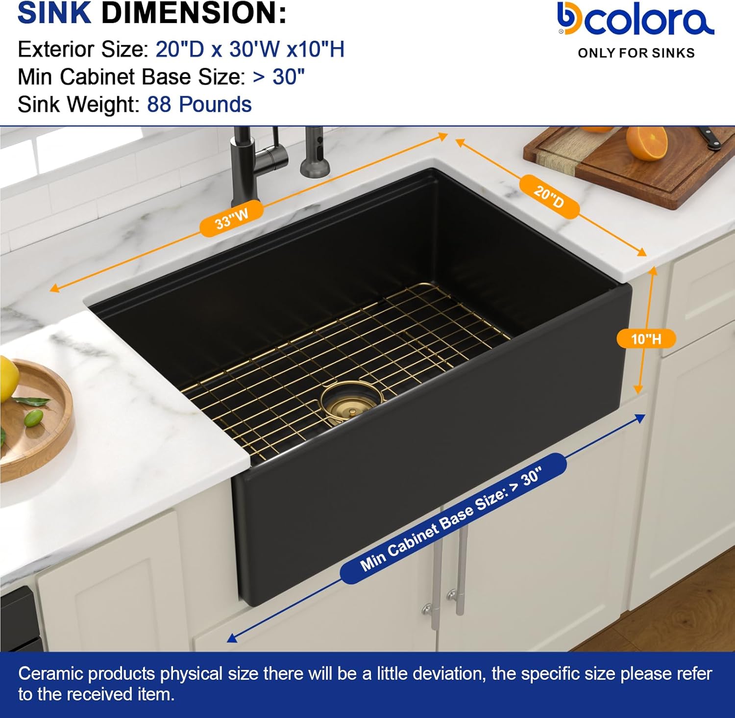 Dcolora 30 Inch Black Reversible Farmhouse Sink, Fireclay Ceramic Porcelain Workstation Sink Apron Front Single Bowl Kitchen Sink with Gold Accessories