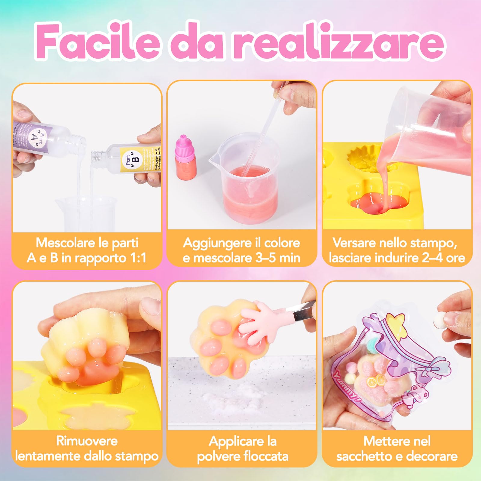 VBACALA 24 Pezzi Taba Squishy Kit Fai da Te,150g AB Silicone 1:1 Miscela Creare Taba Squishy Zampa, Fiori, Erba, Fragole, Pasticcini Squishy Antistress,Regalo Antistress Fai da Te per Bambini Adulti