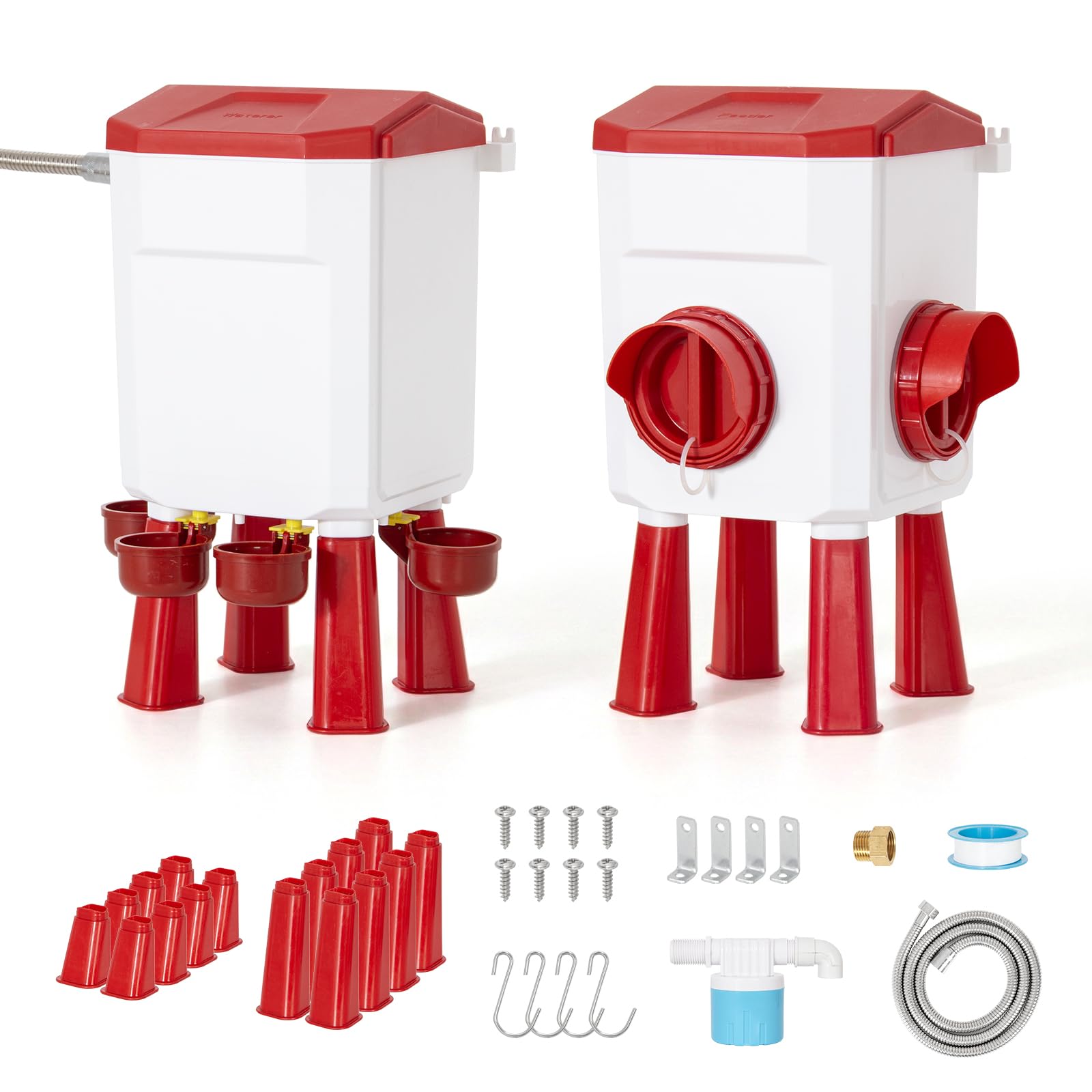 Todeco Kit Mangeoire 8 kg et Abreuvoir Automatique 7 L pour Poules | 2 Ports, 4 Bols, Flotteur Automatique, Raccordable aux Robinets, sur Pieds, Murale ou Suspendue, pour Volailles