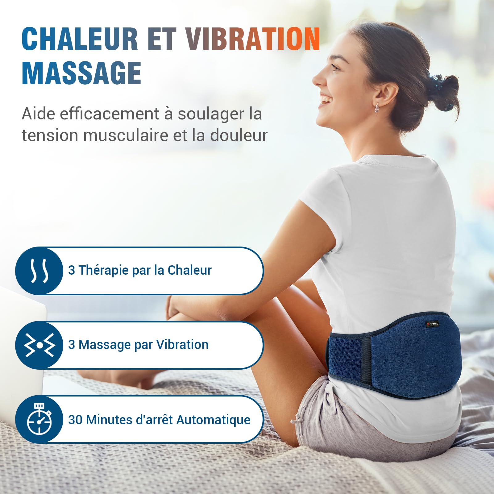 Comfytemp Ceinture Chauffante Lombaire sans Fil avec Massage Vibrant,3 Niveaux de Température & 3 Modes de Massage, Ceinture Dos Chauffante pour Détendre les Dos, Arrêt Automatique, 18x147cm