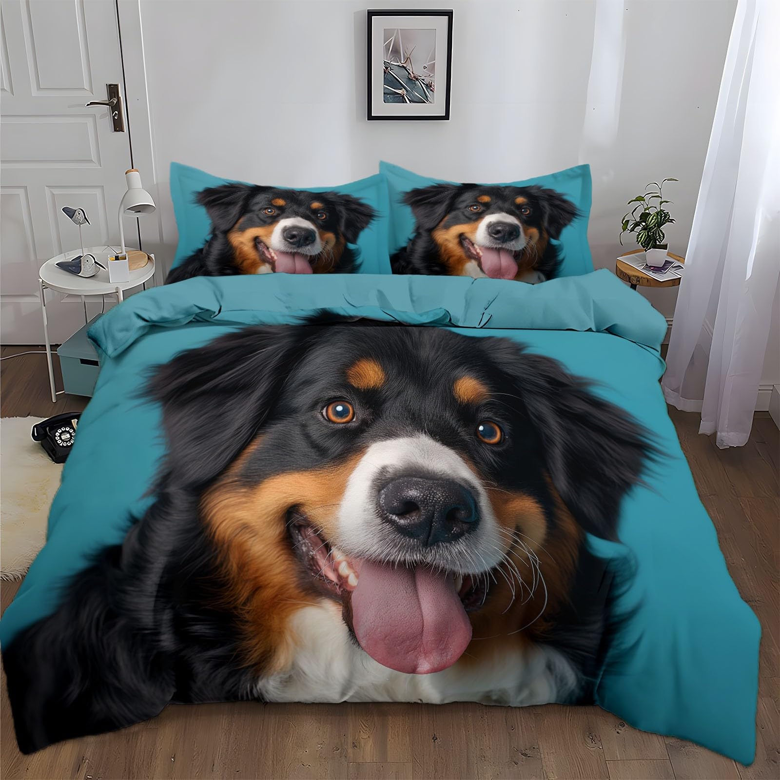 Dark Blue Duvet Cover Animal Dog Soft Duvet Cover Set, Reversible Lightweight Bedding Sets 3pcs with Zipper Closure Easy Care and Super Soft Luxury Bedding (King 220x240 cm)