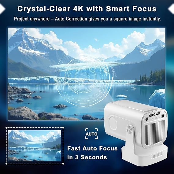 2025 Mini Smart Home 4K Projector 1080P HD – 200 ANSI, Android 11.0 with Auto Focus, Dual-Band WiFi & AirPlay/Miracast, Bluetooth 5.3, 180° Rotation for Home Cinema Bedroom Movie