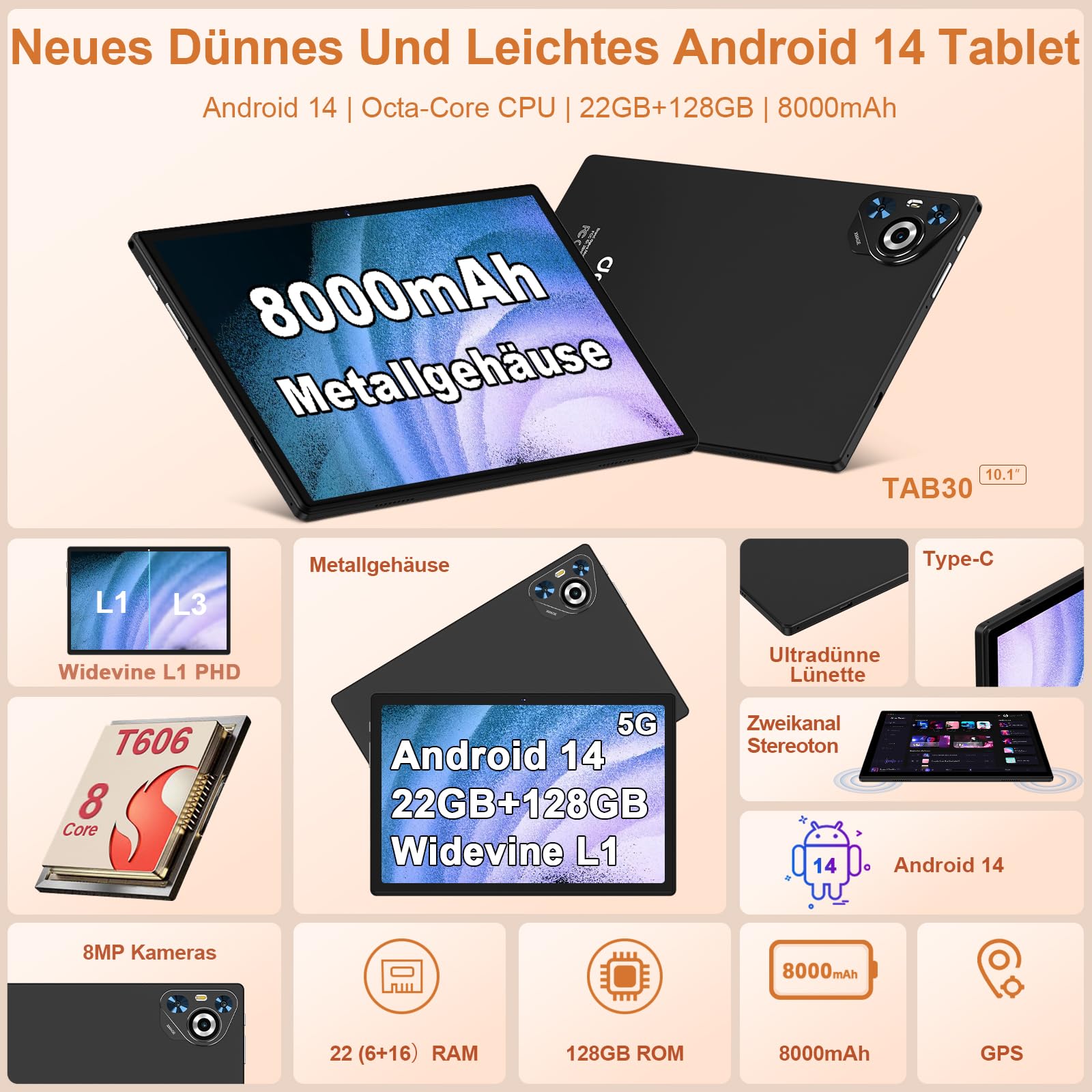 2026 Tablet 10 Zoll Android, 128GB ROM/TF 2TB, Octa-Core Prozessor, 8000mAh, BT5.0, 8MP+5MP, WiFi 5G+2.4G, Face ID, Widevine L1, Augenschutz, Tablet mit Tastatur & Maus Metallkörper-Schwarz