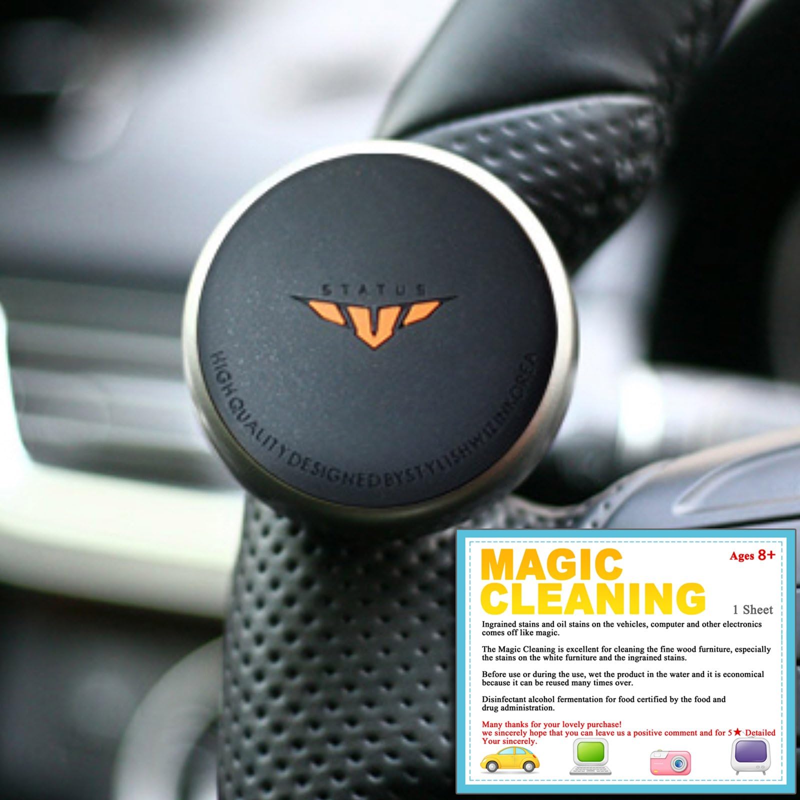 STATUS MINI &amp; STAR Power Handle Steering Wheel Spinner Knob (Black)