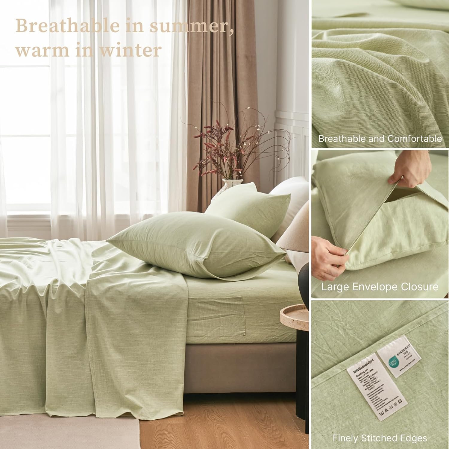 Linen Sheets Queen Size, Cotton Linen Bed Sheets, Breathable, Durable Bed Sets 18" Deep Pocket(Natural Green)