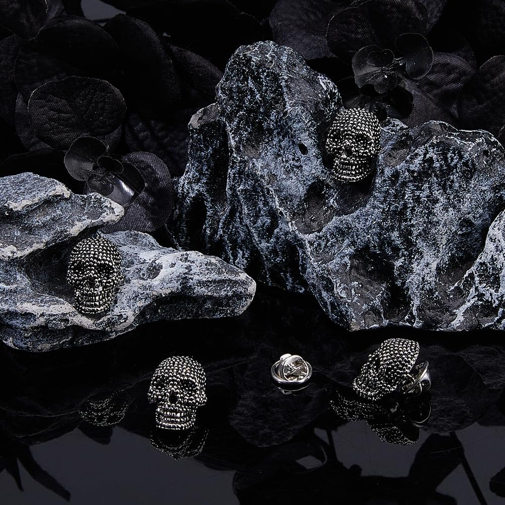SUPERFINDINGS 4Pcs Gothic Skull Brooch Punk Skull Brooch Pins Antique Silver Punk Style Skeleton Head Breastpin Alloy Miniature Lapel Pin Halloween Skeleton Badge Pin for Cloths Bags Hats - Image 4