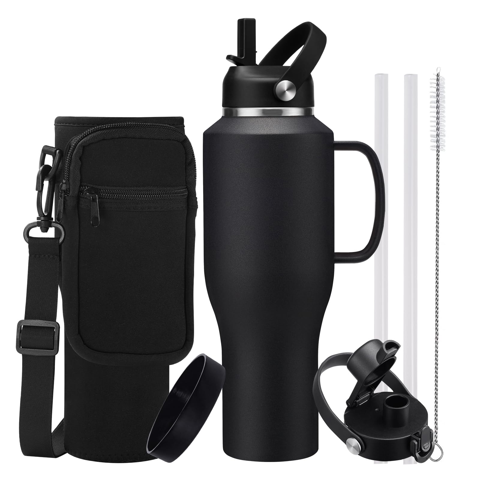 40oz Insulated Water-Bottle with Handle - Straw &amp; Auto Chug Lid, Protective Boot, Carrier Bag, Stainless Steel Water Bottle, Leak-proof Coffee Tumbler, Skinny Flask Fit in Car Bike Cup Holder