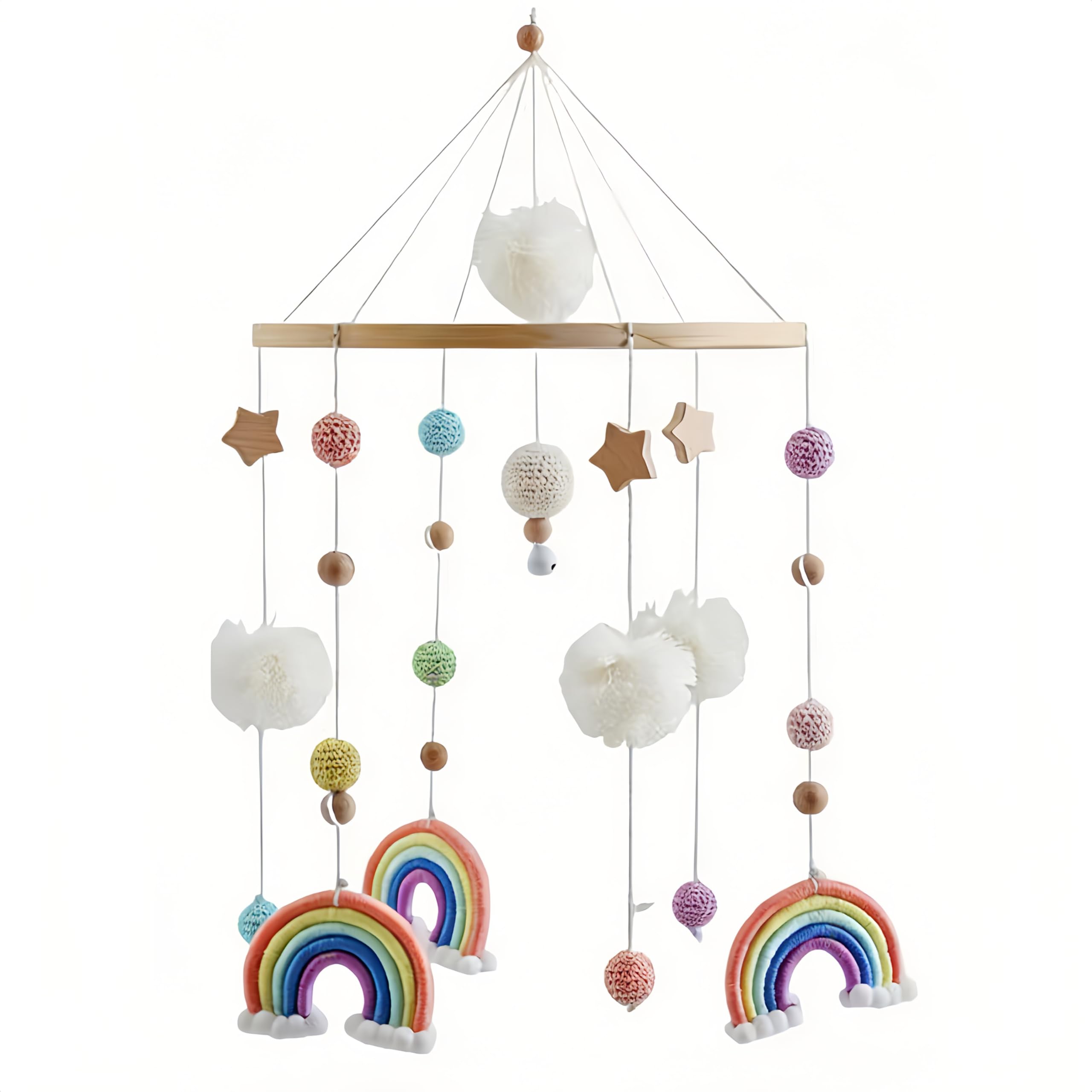 Lassuzie Mobiles Baby, Kinderzimmer Hängende Bettglocke, Babybett Hölz Windspiele mit Filzbällen, Neugeborene Geschenk Junge Mädchen Baby