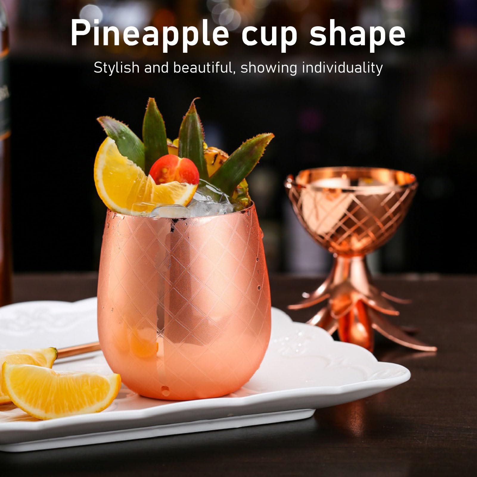 Pineapple Shape Cocktail Cup Stainless Steel Cocktail Drinking Shaker with Straw for Cocktail, Juice, Beer 500ml Pineapple Drink Cups Cocktail Drinking Glass for Home Party Accessories, Rose Gold