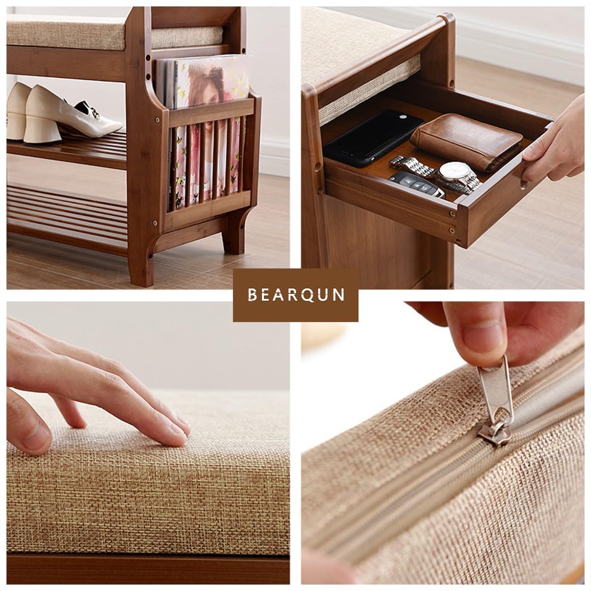 Banc à chaussures en bois avec assise rembourrée – 2 niveaux avec étagères réglables – Slish Sto pour couloir, chambre à coucher, salon – 100 cm x 30 cm x 50 cm