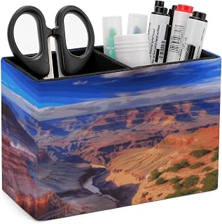 Rectangle Pen Holder Beauty Grand Canyon Desk Organizer Pencil Cup | PU Leather Desktop Caddy Container Case with 2 Slots, Stationery Pens Remotes Makeup Brushes Essentials Home Office Supply