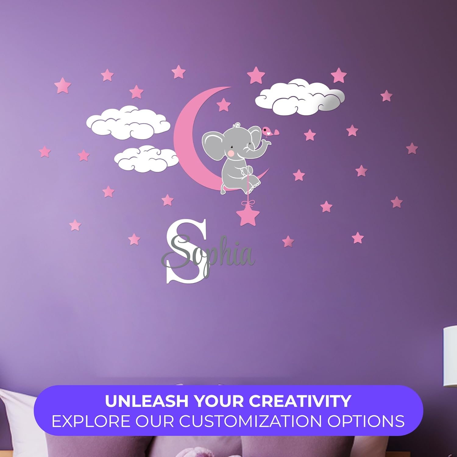Custom Name & Initial Elephant Stars and Clouds - Prime Series - Baby Girl - Nursery Wall Decal for Baby Room Decorations - Mural Wall Decal Sticker for Home Children's Bedroom (Wide 44"x24" Height)