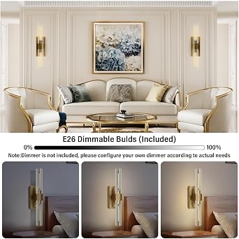 Gold Wall Sconces Set of Two, Brass 22.8 Sconces Wall Lighting,Bathroom Vanity Lights with Clear Glass Shade for Mirror, Living Room, Bedroom, Hallway, Fireplace, Staircase(Including Bulb)