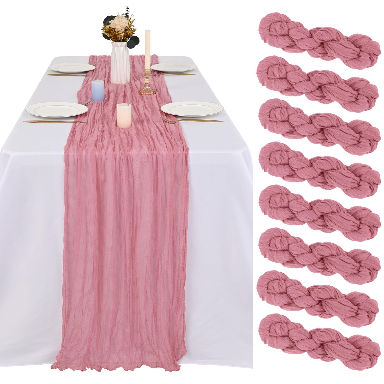 Chemin de table en étamine rose poudré lot de 8 de 3m style bohème rustique
