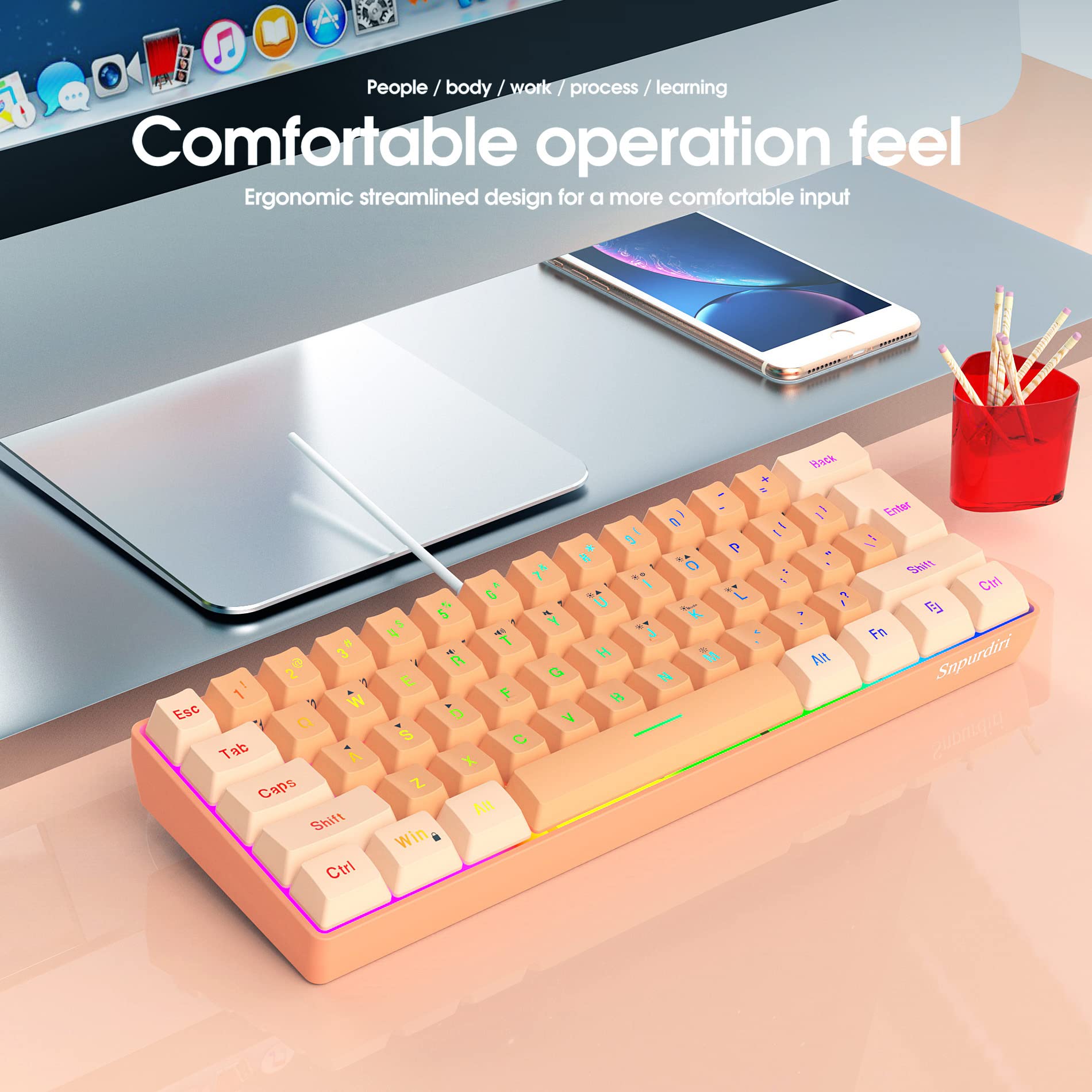 Snpurdiri 60% Wired Gaming Keyboard, RGB Backlit Ultra-Compact Mini Gaming Keyboard for PC/Mac Gamer, Typist, Travel (Cream and Orange) view 7