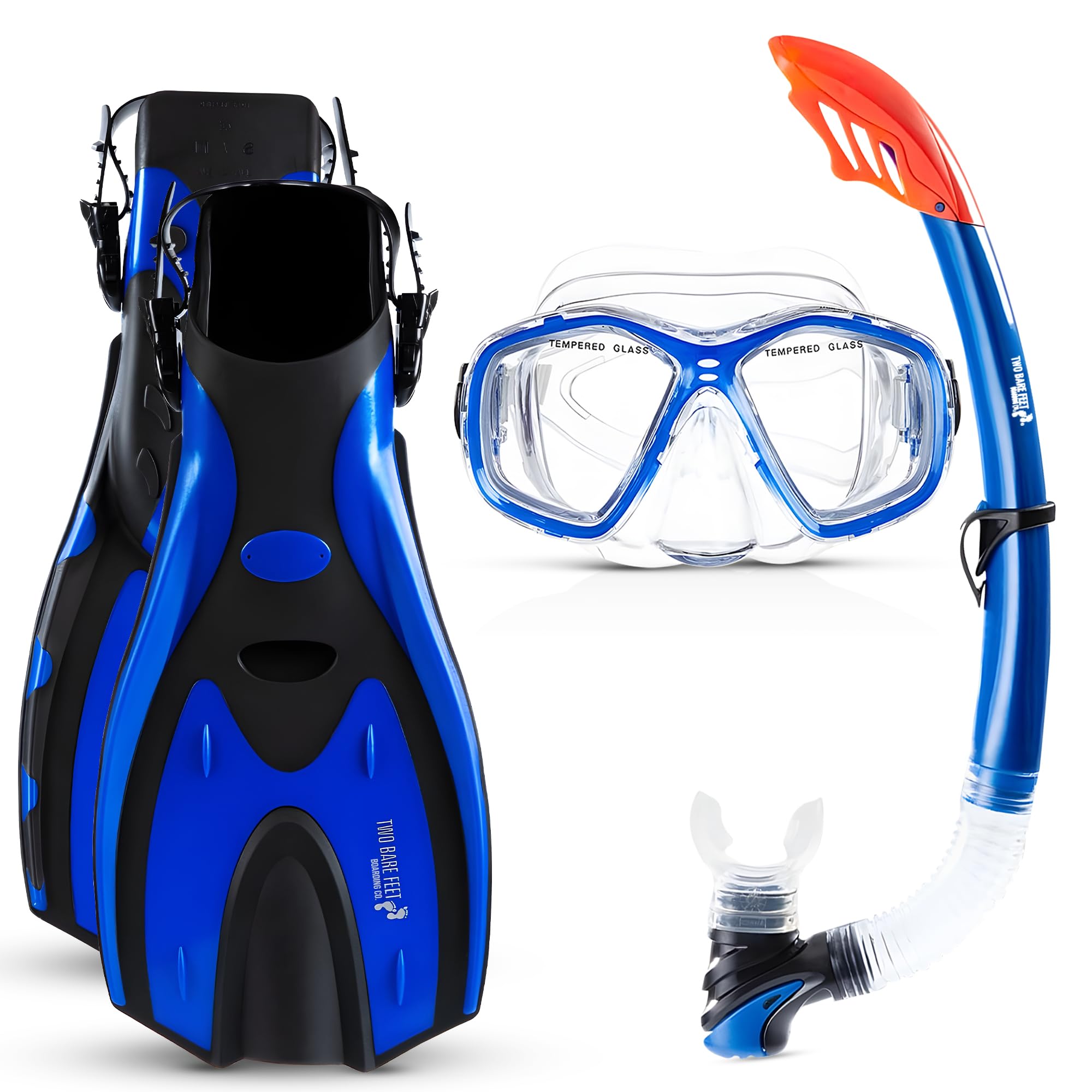 Two Bare Feet Snorkel, Mask and Fins/Flippers PVC Snorkelling Set (Adults) With Anti Fog and Wide View Mask, Anti-Leak, Tempered Glass - Scuba Dive Snorkelling Sets (L/XL (UK9-13), Blue)