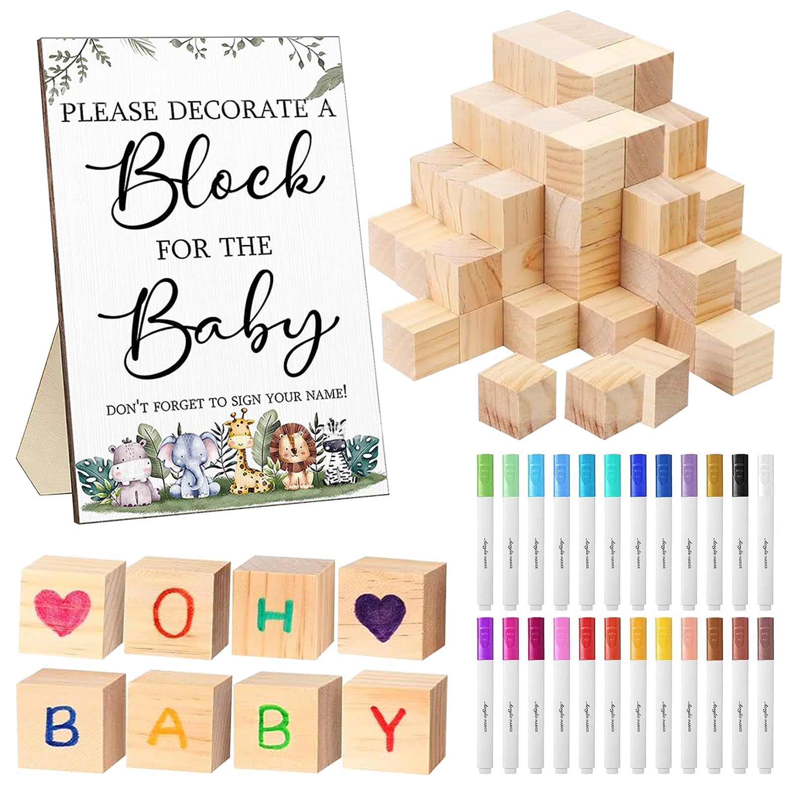 Kit de jeux pour baby shower, ensemble de 75 pièces comprenant 50 cubes en bois, 24 marqueurs, 1 panneau de jeu et des blocs à sculpter pour des activités manuelles (peinture, loisirs créatifs)