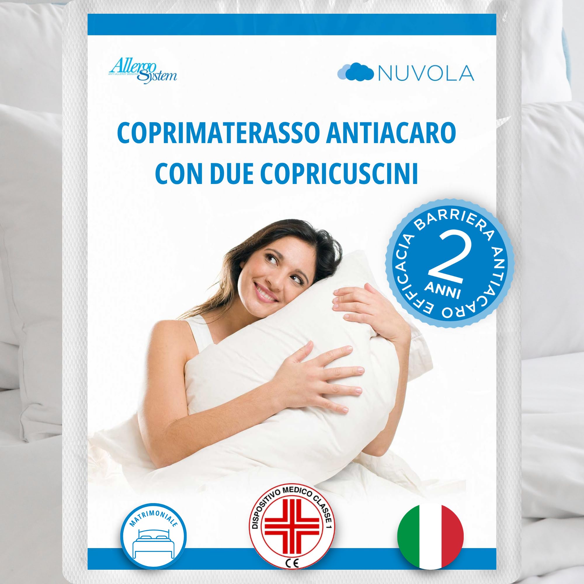 Allergosystem Set Coprimaterasso Antiacaro Matrimoniale con Cerniera 170x200x20cm e 2 Federe Cuscino Letto 50x80cm - Dispositivo Medico Antiacaro e Anallergico MADE IN ITALY - Linea Nuvola
