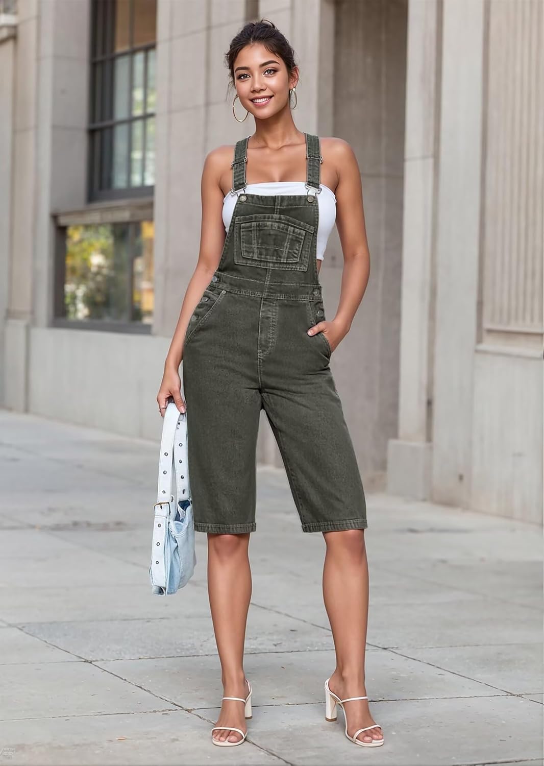 Hybrid & Company Womens Leisure Adjustable Straps Stretch Bermuda Short Denim jumpsuits Overalls - Image 6