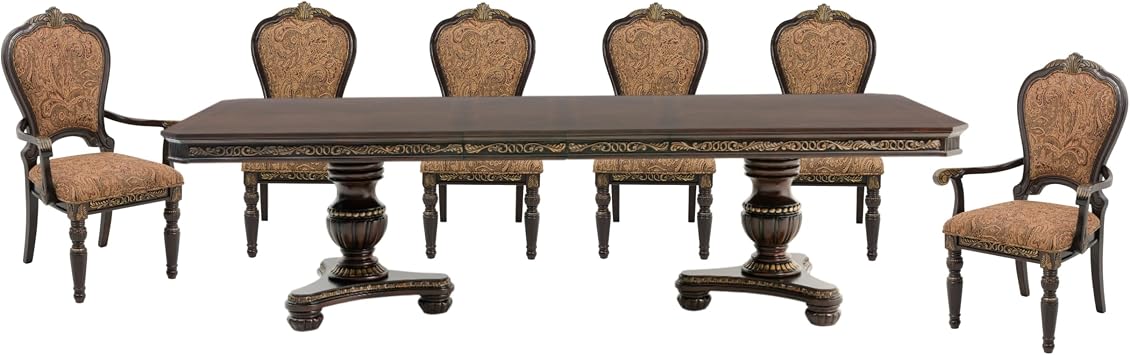 Traditional Formal Dining Set 7pc Elegant Extendable Table Armchairs Side Chairs Cherry Finish with Gold Tipping Wooden Royal Dining Furniture