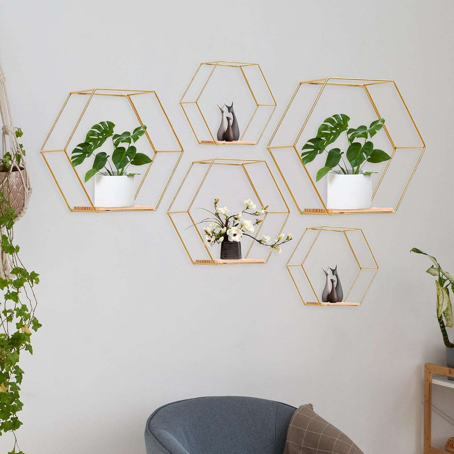 5X Hexagon Iron Wall Mount Shelves Floating Shelf Holder Bedroom Modern Kitchen Organizer for Picture Small Plants Displaying, Golden