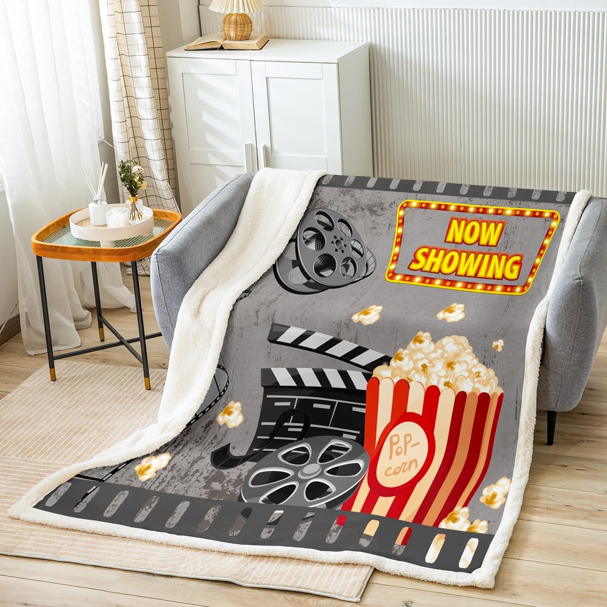 Homemissing Boys Multicolored 13241 Movie Theater Decor Fleece Throw Blanket For Kids Girls Movie Night Plush Blanket Cinema Popcorn Sherpa Blanket Room Decor Grey Fuzzy Blanket 40X50 Inch
