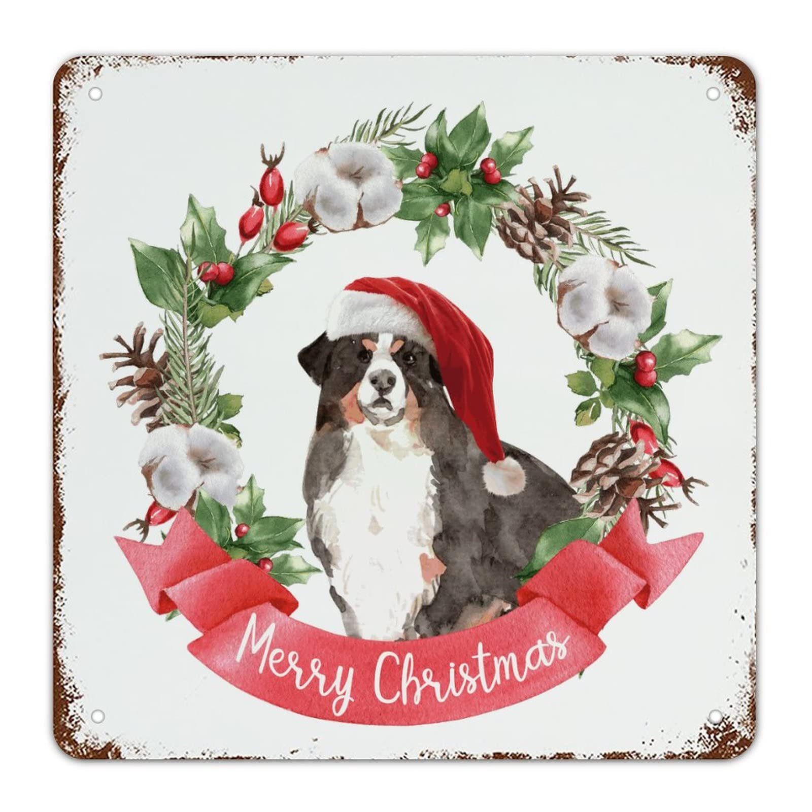 Panneau Métal Chien de Noël 38 cm Objet Mural Vintage Durable