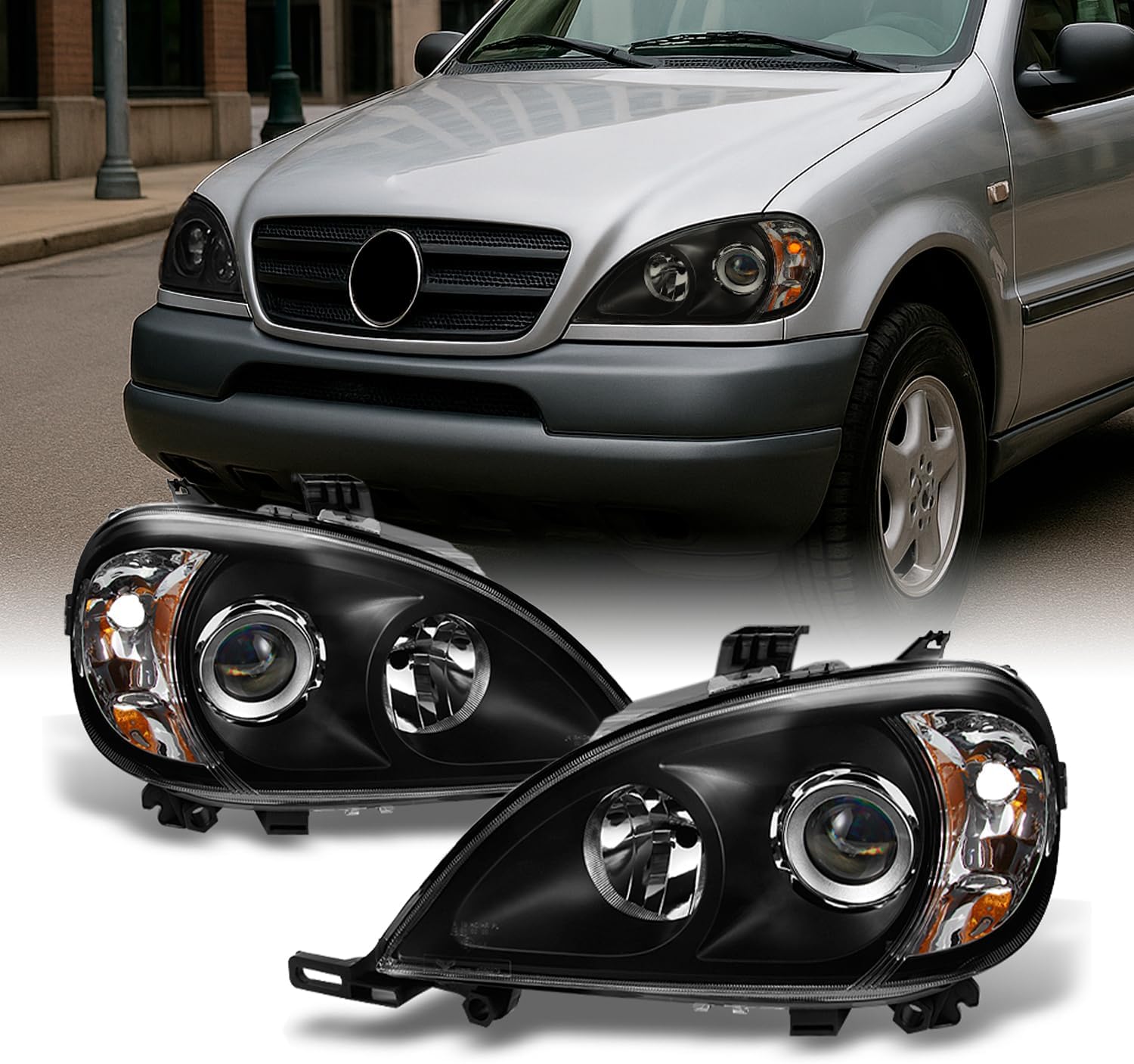 AKKON - For Mercedes Benz W163 ML320 ML430 M Class Projector Headlights Black Left/Right Headlamps