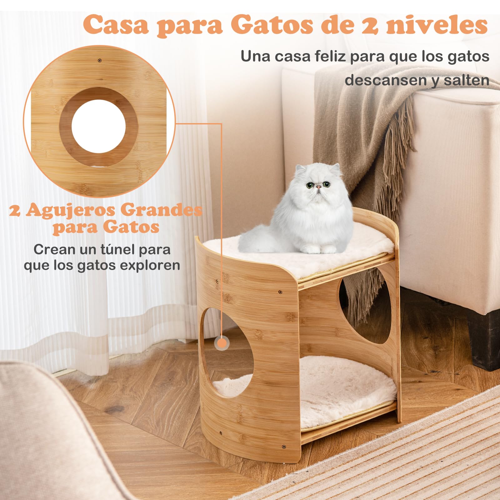 GOPLUS Torre para Gatos de 2 Niveles, Interior, Bambú con Camas Dobles, Cojines Lavables, Acceso para Gatos y Gatitos Pequeños