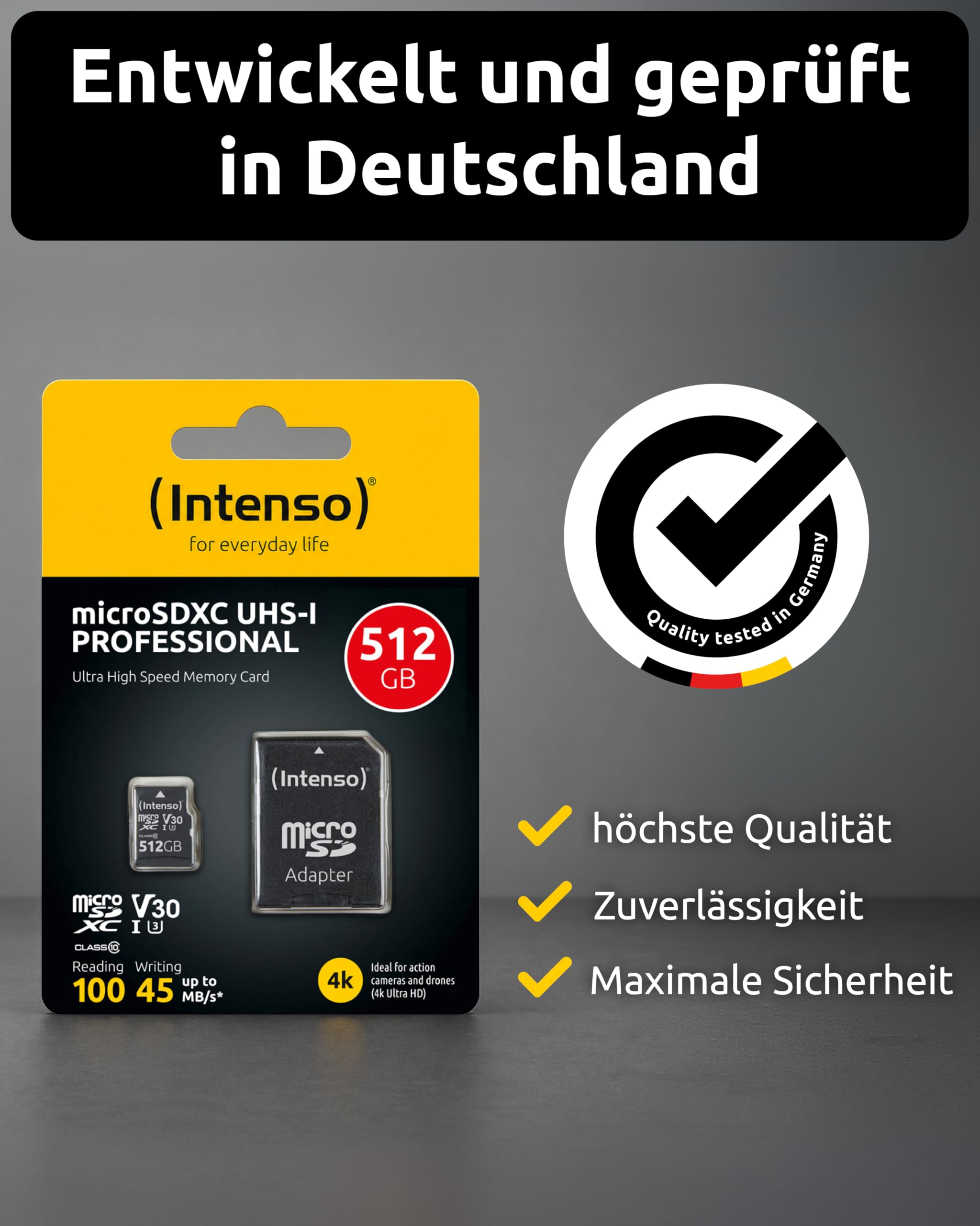 Intenso Professional microSDHC 512GB Clase 10 UHS-I, U3, V30 Tarjeta de Memoria con Adaptador SD, para grabaciones 4K, GoPro, Insta 360, dji, Osmo, Steam Deck, dron, cámara de acción, Negro