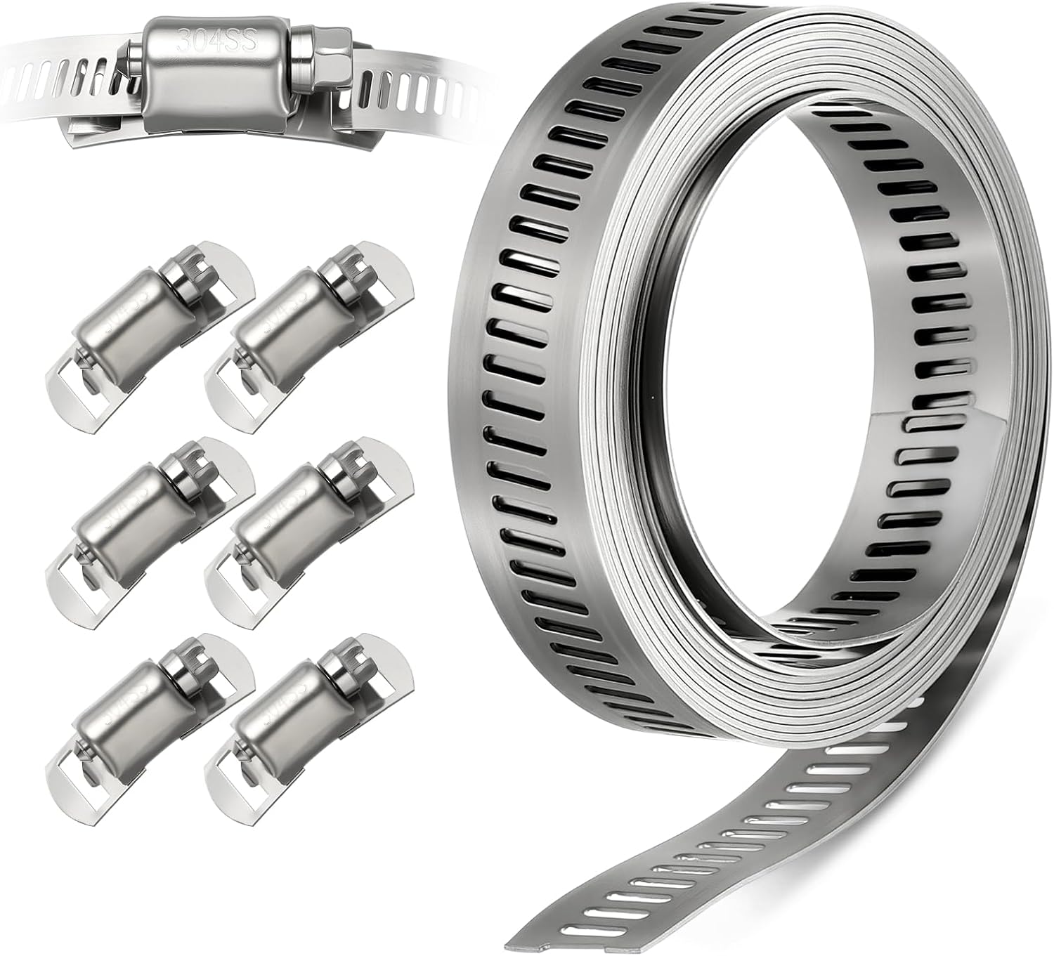 1 Pack 304 Stainless Steel Band Hose Clamps, DIY 8.5 Feet Metal Strap + 6 Heavy Duty Fasteners, Worm Gear Hose Clamps Screw Clamps Assortment Kit, for Automotive, Mechanical, Duct