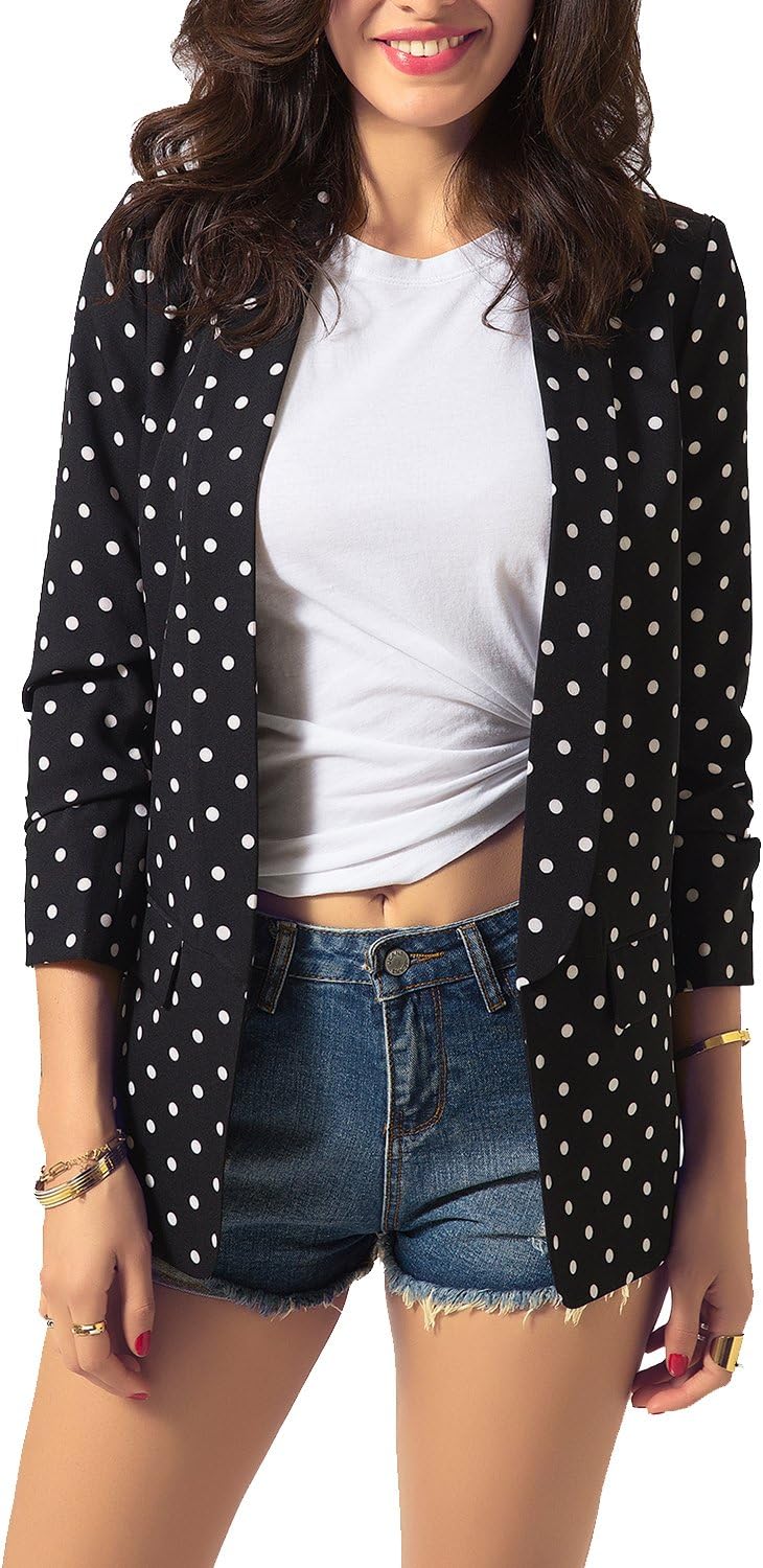 Women's Work Jacket 3/4 Ruched Sleeve Open Front Casual Office Blazer(Black and White,S)