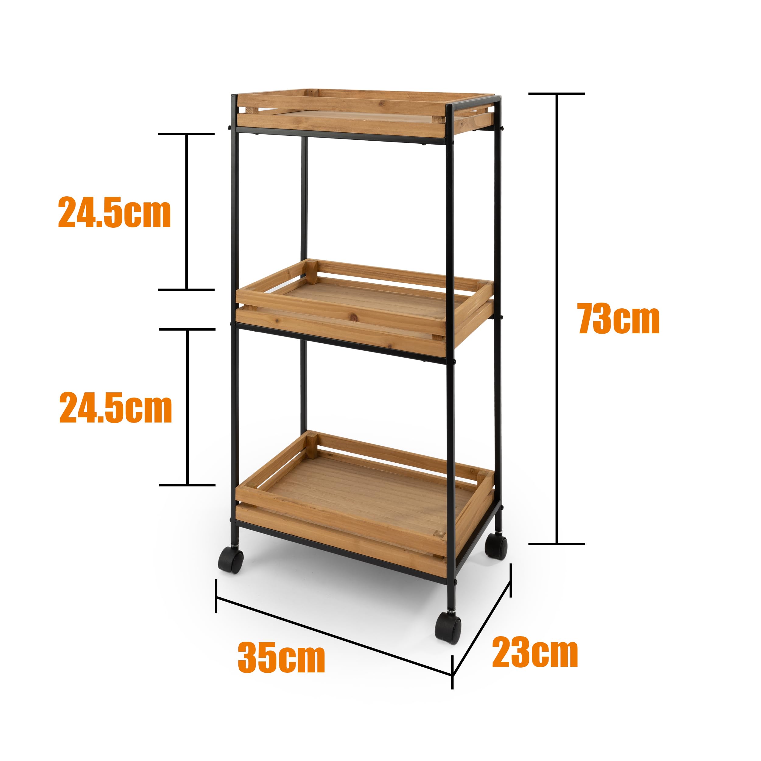 Chariot de rangement en bois et métal multifonction 35 x 23 x 73 cm avec 3 étagères - Meuble auxiliaire de rangement idéal pour salle de bain, cuisine, salon