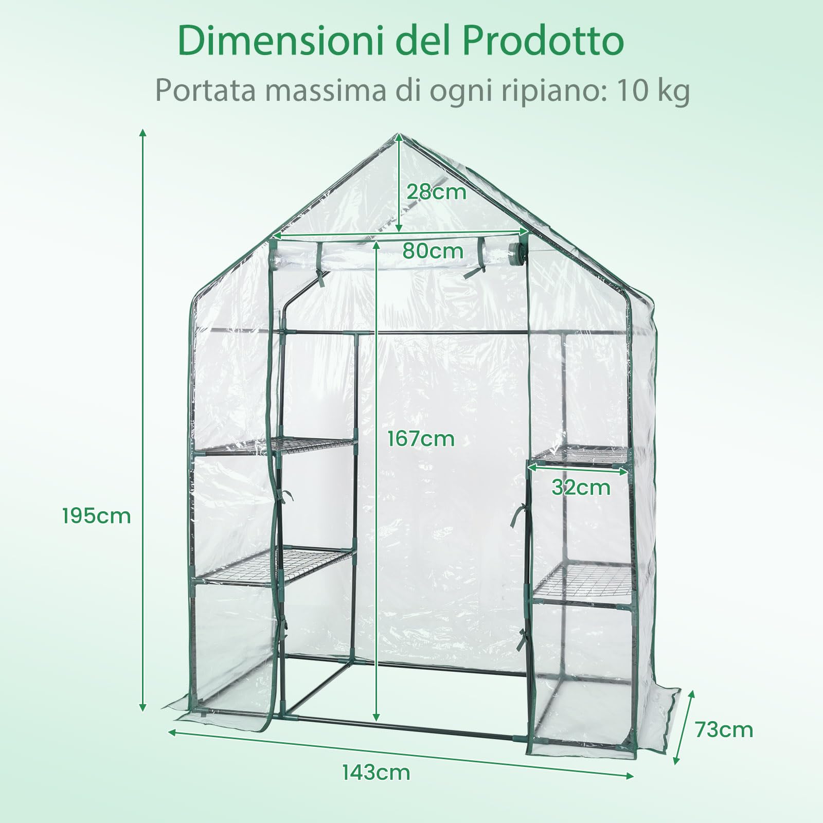 COSTWAY Serra da Giardino per Orto e Piante Inverno, Serra da Esterno con Telaio in Alluminio, Porta Avvolgibile e Telo Trasparente, Serra Robusta per Giardino e Balcone, 143 x 73 x 195 cm